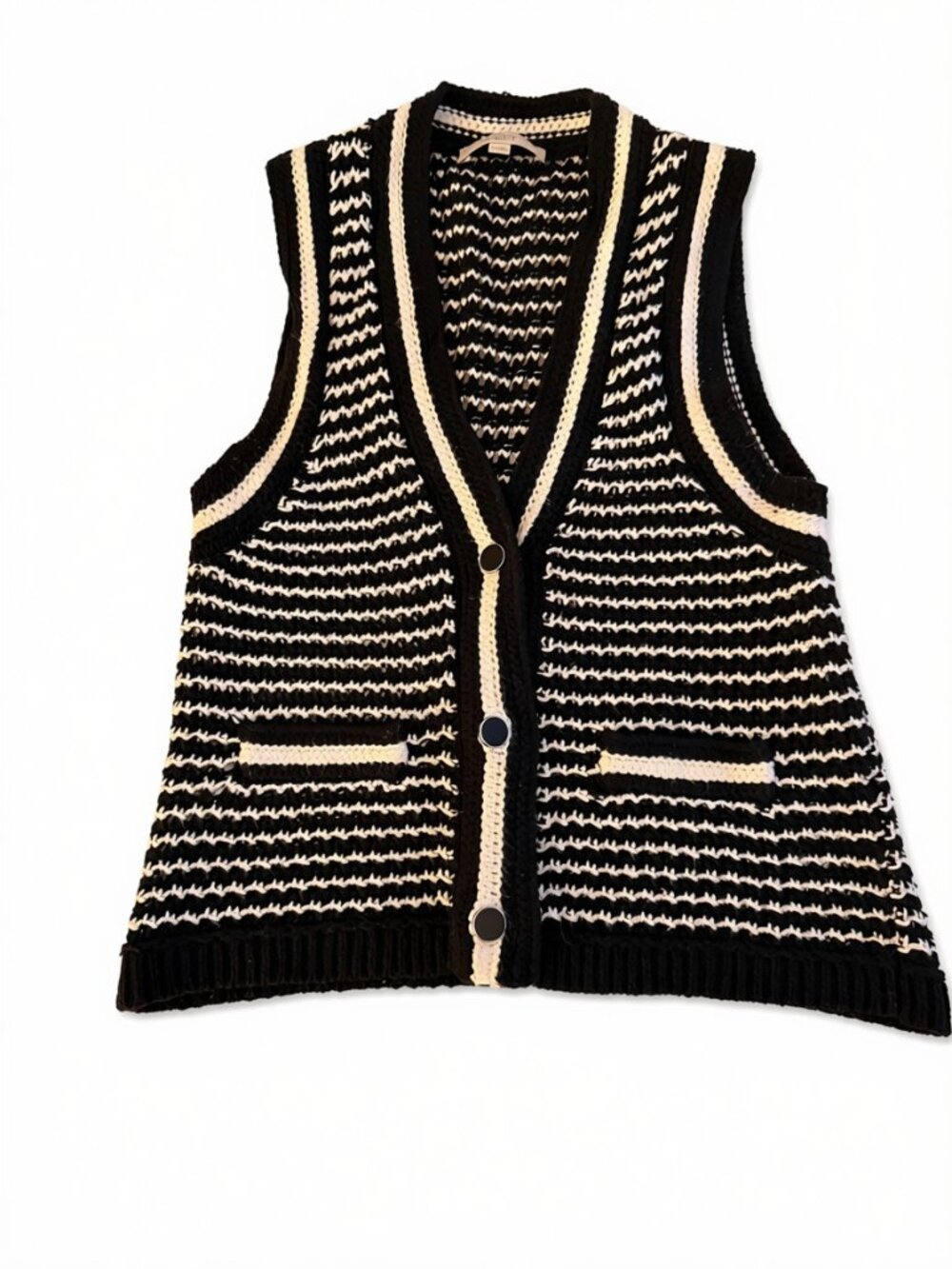 LOFT Black And White Knit Button Closure Sweater Vest Size Medium